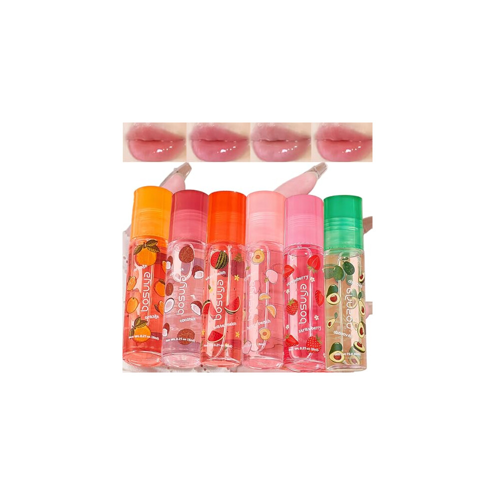 Baorder 6 Pcs Roll On Lip Gloss Set,Fruity Flavors Moisturizing Lip Stain,Transparent Lip Oil,Hydrating Shine,Women Lip Care,Friendly,Party Gift