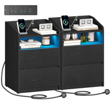 Hzuaneri Bedside Tables Set of 2 with Power Strip, Bedside Cabinet with 2 Drawers, Side Table with LED, 2 AC and 2 USB Ports, Open Compartment,