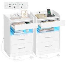 Hzuaneri Bedside Tables Set of 2 with Power Strip, Bedside Cabinet with Pull-Out Tray & 2 Drawers, Side Table with LED, Open Compartment, Nightstand