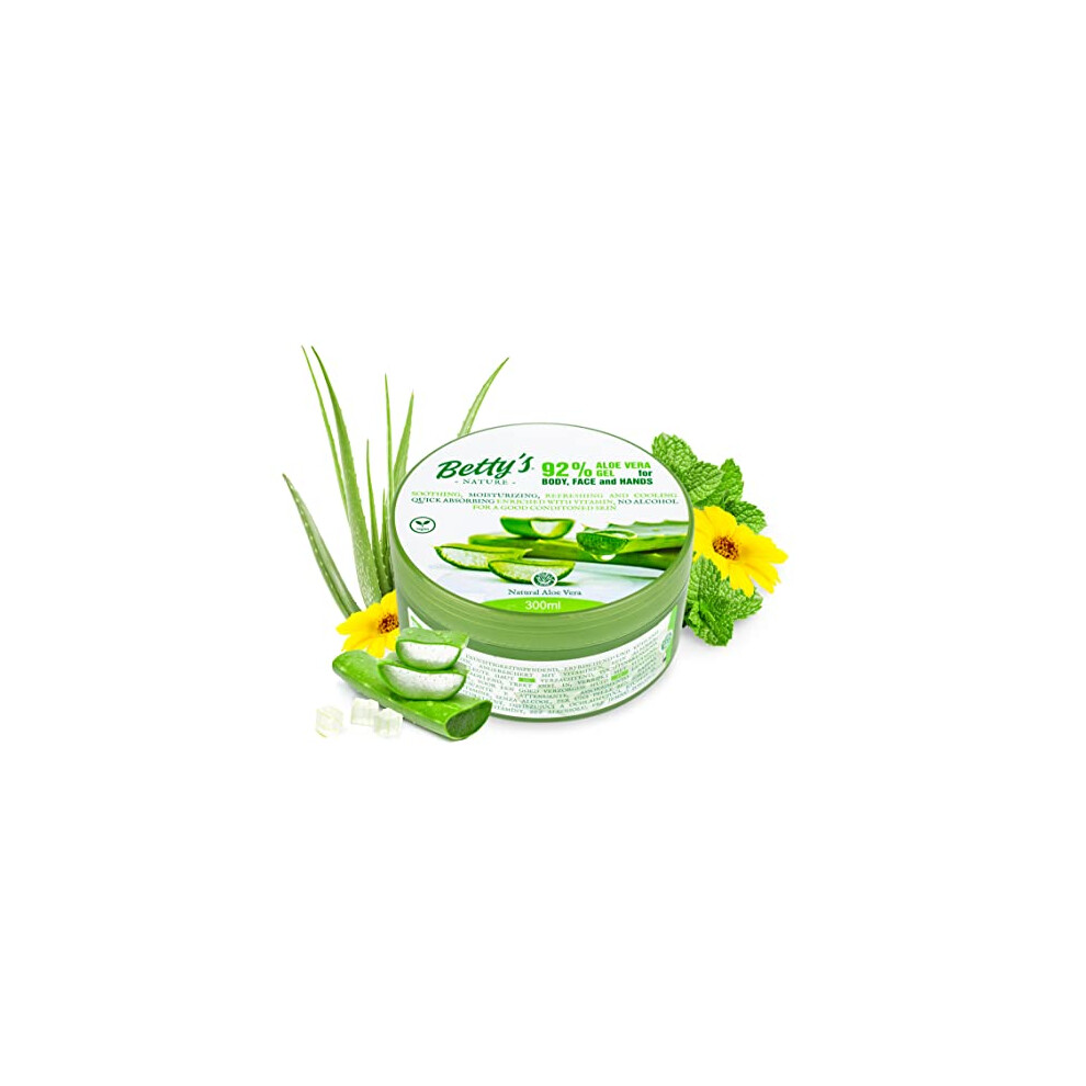 Bettys Nature 92% Aloe Vera Gel For Body - Paraben - Face And Hands - For Cooling, Nourishes And Protects 300 Ml