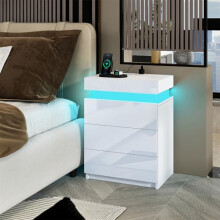 Senvoziii White Bedside Table with USB & Dual Power Sockets, High Gloss Modern Nightstand Storage Cabinet with 3 Drawers and LED Lights for Bedroom &
