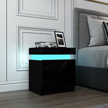 Senvoziii LED Bedside Table with 2 Drawers High Gloss Front Chest of Drawers Side Table Wooden Nightstand Unit for Bedroom Living Room Furniture Black