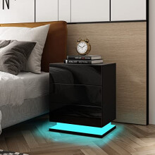 Bedside Table High Gloss 3 Drawers Modern Bedside Cabinet Nightstand with LED Lights for Bedroom Living Room 50 x 35 x 60cm (Black)