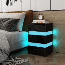 Senvoziii Bedside Cabinet Tables Modern Nightstand Unit Chest of 3 Drawers High Gloss Sofa Table Side Tables with RGB LED Lights for Bedroom Furniture