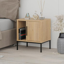 HOCUS PICUS Modern Bedside Table with Black Metal Straight Leg 45(W)x35(D)x50(H)cm Engineered Wood Nightstand Cabinet Door Metal Handle & Open Shelf