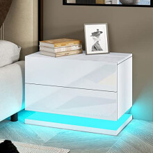 BESTWANTED Bedside Table High Gloss Front 2 Drawers Nightstand Modern Bedside Cabinet with LED Lights Bedroom Furniture 50 x 35 x 43cm (White)