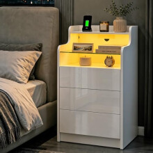 Ikewaier LED Bedside Table, White Bedside Cabinet with 3 Drawers, High Gloss Nightstand with Charging Station, 2 AC Outlets, 2 USB Ports, for Living