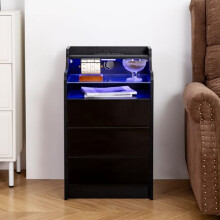 Led Bedside Table with 2 AC Outlets, 2 USB Ports, Black Gloss Bedroom Unit Sofa Table with 3 Drawers, 16 Colors RGB LED Nightstand Cabinet, 45 x 35 x