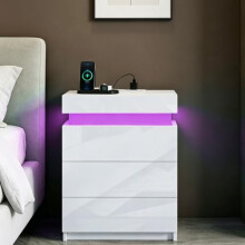 BESTWANTED High Gloss Bedside Table 3 Drawers Modern Bedside Cabinet Nightstand with LED Lights for Bedroom Living Room 67 x 45 x 35cm (White)