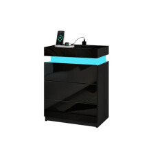 Senvoziii Black Bedside Table with Charging Station LED Light Nightstand High Gloss Bedside Cabinet Unit with 3 Drawers & Flip Cover for Bedroom