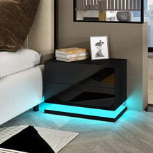 BESTWANTED Bedside Table High Gloss Front 2 Drawers Nightstand Modern Bedside Cabinet with LED Lights Bedroom Furniture 50 x 35 x 43cm (Black)