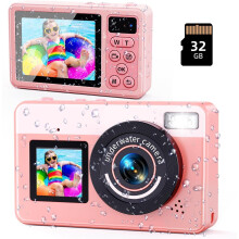 48MP Waterproof Camera Auto Focus 10ft Built-in 32GB Dual Screen (Pink)