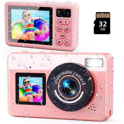 48MP Waterproof Camera Auto Focus 10ft Built-in 32GB Dual Screen (Pink)