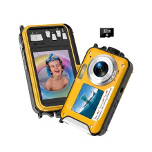 4K Waterproof Camera 64MP Auto Focus Underwater 16ft Dual (Yellow)