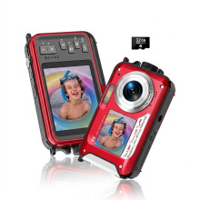 4K Waterproof Camera 64MP Auto Focus Underwater 16ft Dual (Red)