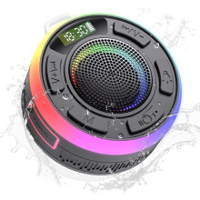 Bluetooth Shower Speaker, IPX7 Waterproof, HD Stereo Sound, Built-in Mic, Time Display, Dynamic Lights, 10H Playtime (Black)