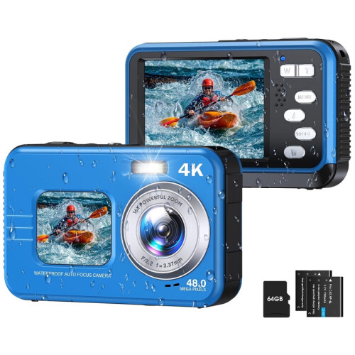 4K Waterproof Camera Dual Screen 48MP Selfie Underwater 11ft (Blue)
