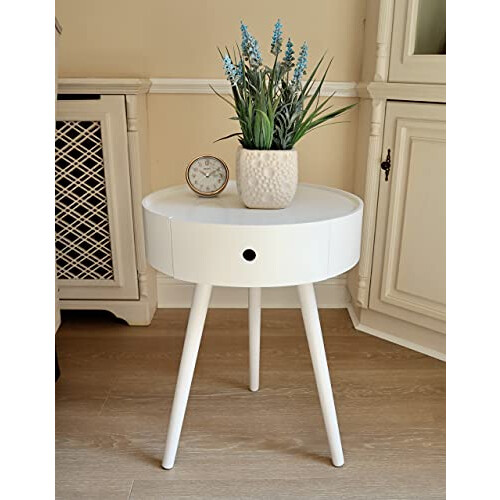ASPECT Anika Round Bedside/End/Lamp Table With One Drawer,White 2