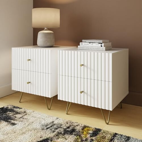 GFW Thalia Ribbed 2 Drawer Bedside Table Pair White 1