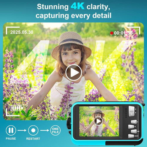 4K Waterproof Camera 64MP Auto Focus Underwater 16ft Dual (Blue) 1