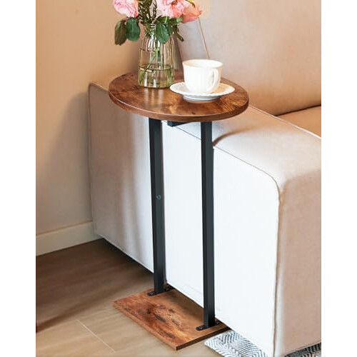 Eufrozy Round Side Table, Sofa End Table with Fabric Basket, Compact Bedside Table, Rustic Brown Small Lamp Plant Coffee Table, for Small Spaces, 1