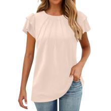 Womens Flutter Sleeve Blouse Summer Crew Neck Pleated-apricot S