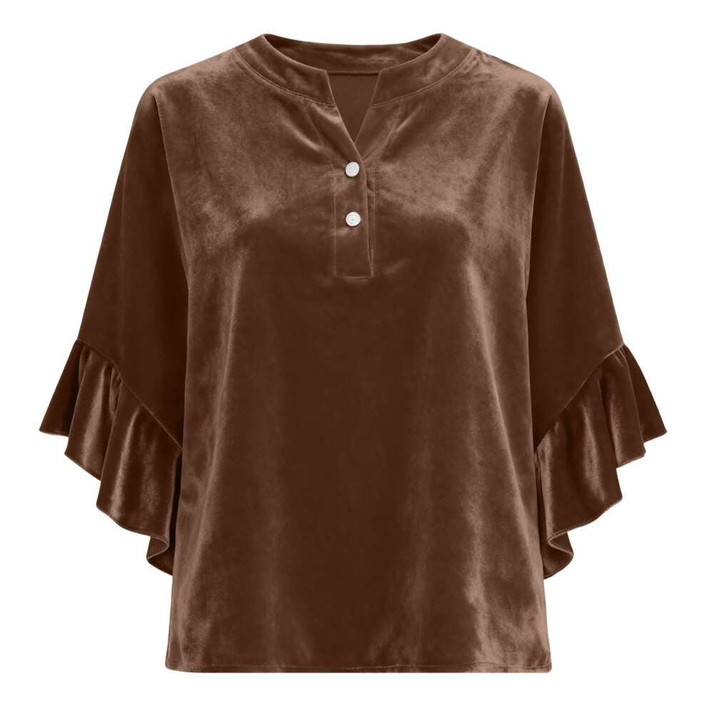 Brown Women's Top, Elegant V-Neck Long-Sleeved Pullover,- Xxl