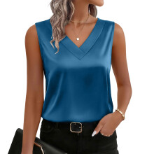 Women's sleeveless silk top, casual sleeveless-Blue XL