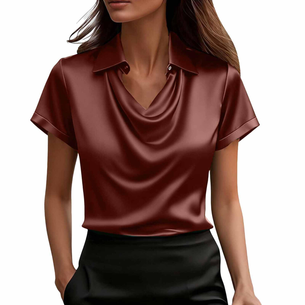 Women Button Neck Blouse Business Casual Work Tops Short-æ£è² XL