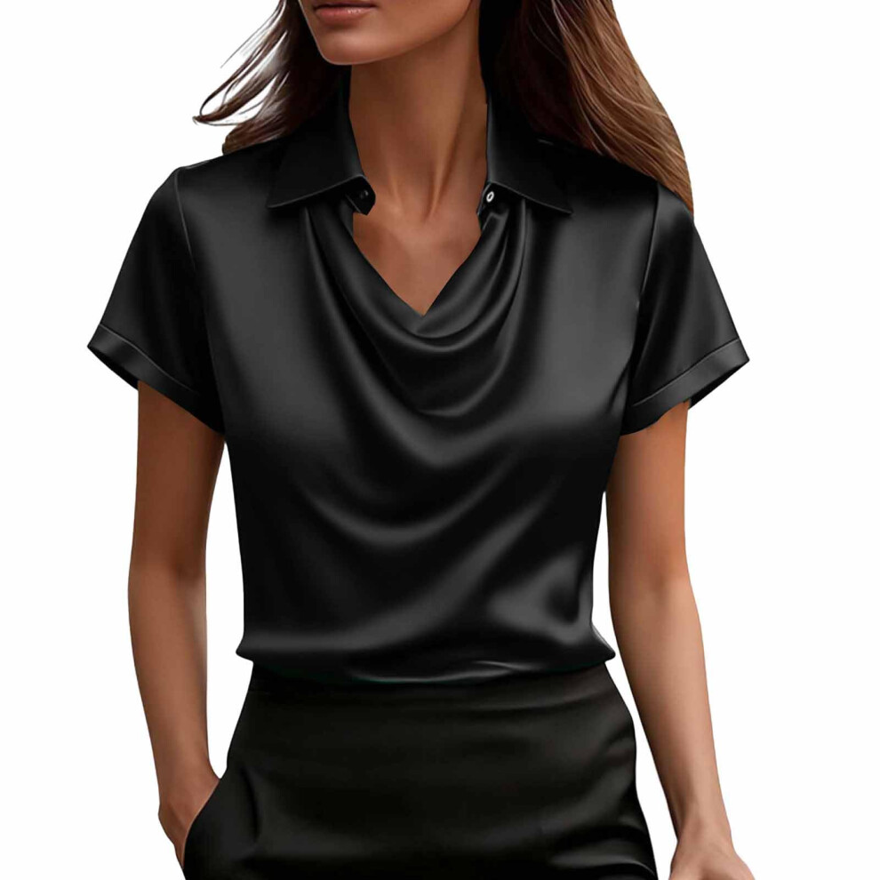 Black Women Button Neck Blouse Business Casual Work Tops- L