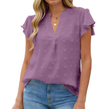 Women's Spring V Neck Ruffle Short Sleeve Blouse-Purple L