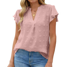 Women's Spring V Neck Ruffle Short Sleeve Blouse-Lotusroot M