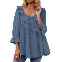Womens Scoop Neck 3/4 Length Sleeve Tops Casual Tie-gray blue L