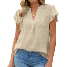 Women's Spring V Neck Ruffle Short Sleeve Blouse-apricot XXL