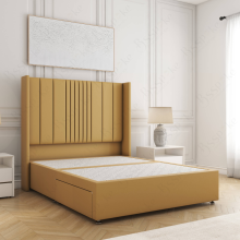 (Mustard, 5ft King (No Mattress)) Charlotte Plush Velvet Double Divan Bed with 2 Drawers Storage 54'' Wing Headboard Mattress