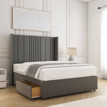 (Grey, 4ft6" Double (with Mattress)) Velvet Upholstered Double Divan Bed with 2 Drawers Storage 54'' Wing Headboard Mattress