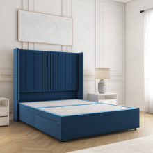 (Blue, 4ft6" Double (No Mattress)) Charlotte Plush Velvet Double Divan Bed with 2 Drawers Storage 54'' Wing Headboard Mattress