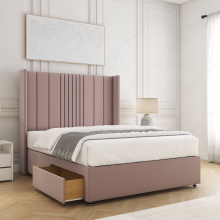 (Pink, 5ft King (with Mattress)) Velvet Upholstered Double Divan Bed with 2 Drawers Storage 54'' Wing Headboard Mattress