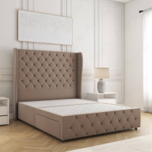 (Mink, 3ft Single (No Mattress)) Faye Divan Double Bed Plush Velvet 54” Wing Headboard with 2 Storage Drawers Mattress