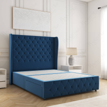 (Blue, 6ft Super King (No Mattress)) Faye Divan Double Bed Plush Velvet 54” Wing Headboard with 2 Storage Drawers Mattress