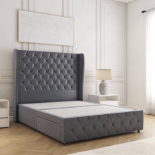 (Steel, 3ft Single (No Mattress)) Faye Divan Double Bed Plush Velvet 54” Wing Headboard with 2 Storage Drawers Mattress