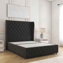(Black, 6ft Super King (No Mattress)) Faye Divan Double Bed Plush Velvet 54” Wing Headboard with 2 Storage Drawers Mattress