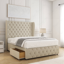 (3ft Single(No Drawer), Cream(with Mattress)) Luxury Divan Double Bed Plush Velvet 54” Wing Headboard with Mattress Drawers Storage Bed