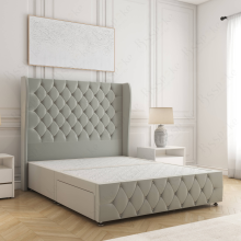 (Silver, 4ft6" Double (No Mattress)) Faye Divan Double Bed Plush Velvet 54” Wing Headboard with 2 Storage Drawers Mattress