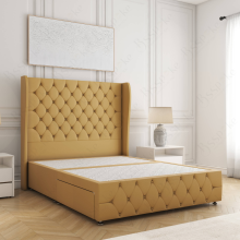 (Mustard, 6ft Super King (No Mattress)) Faye Divan Double Bed Plush Velvet 54” Wing Headboard with 2 Storage Drawers Mattress