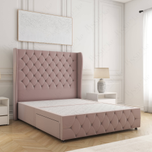 (Pink, 6ft Super King (No Mattress)) Faye Divan Double Bed Plush Velvet 54” Wing Headboard with 2 Storage Drawers Mattress