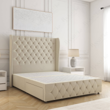 (Cream, 4ft6" Double (No Mattress)) Faye Divan Double Bed Plush Velvet 54” Wing Headboard with 2 Storage Drawers Mattress