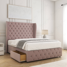 (Pink, 6ft Super King (with Mattress)) Faye Divan Double Bed Plush Velvet 54” Wing Headboard with 2 Storage Drawers Mattress