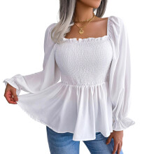 Women's Casual Ruffled Square Neck Long Sleeve Chiffon-White S