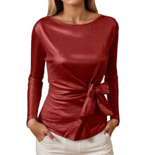 Women's Sparkly Tops Elegant Round Neck Long Sleeve-Red XXXL